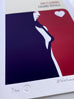 A close-up of a printed art print featuring a stylized silhouette of a woman in a purple dress against a  red background, with a small white heart and the text 'IAN FLEMING CASINO ROYALE' at the top.